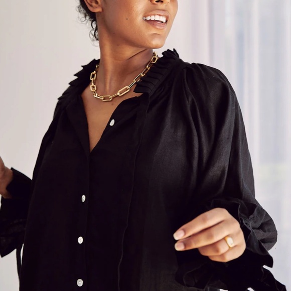 LJC Designs Black 100% Linen Kimono Mother of Pearl Button UMA Top Sz L $219 - Picture 4 of 13